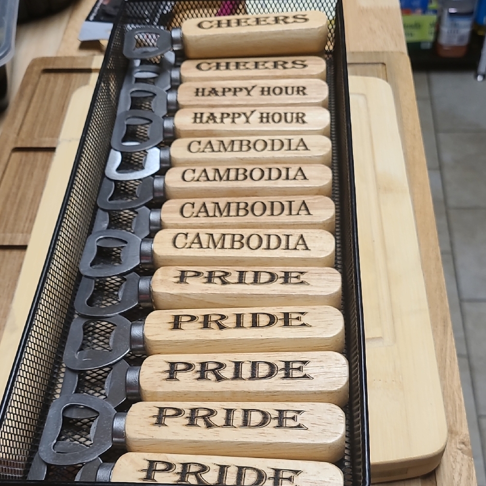 Engraved Wooden Handle Bottle Openers - PRIDE, CAMBODIA, HAPPY HOUR